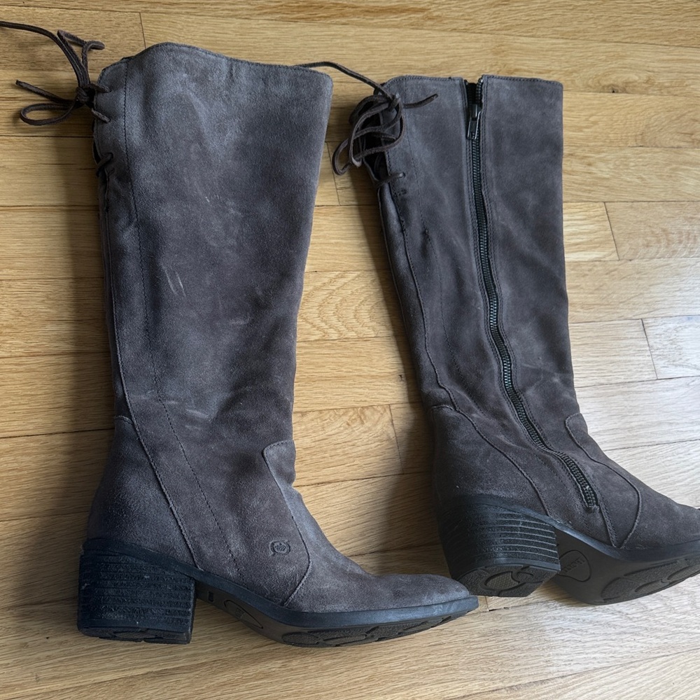 New Born Felicia Suede Knee-High Riding Boots - Gray/ Taupe size 9